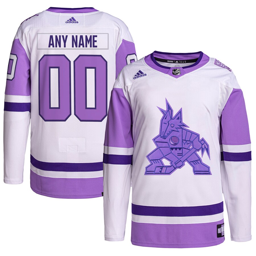 Men's Arizona Coyotes adidas White/Purple Hockey Fights Cancer Primegreen Authentic Custom Jersey - Puhuasuan
