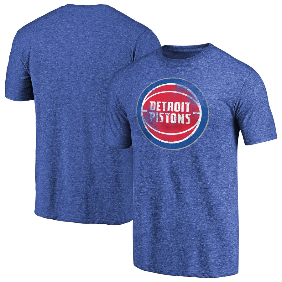 Men's Detroit Pistons Heathered Blue Distressed Team Logo II Tri-Blend V-Neck T-Shirt - Puhuasuan