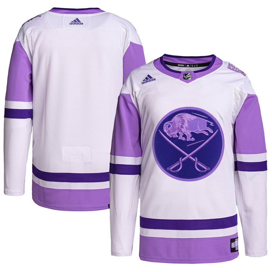 Men's Buffalo Sabres adidas White/Purple Hockey Fights Cancer Primegreen Authentic Blank Practice Jersey - Puhuasuan