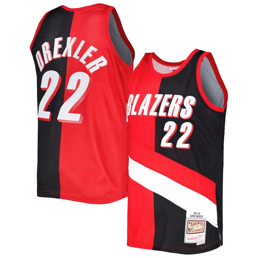 Men's Portland Trail Blazers Clyde Drexler Mitchell & Ness Red/Black Hardwood Classics 1991/92 Split Swingman Jersey - Puhuasuan