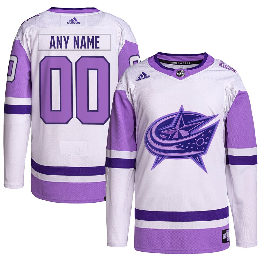 Men's Columbus Blue Jackets adidas White/Purple Hockey Fights Cancer Primegreen Authentic Custom Jersey - Puhuasuan