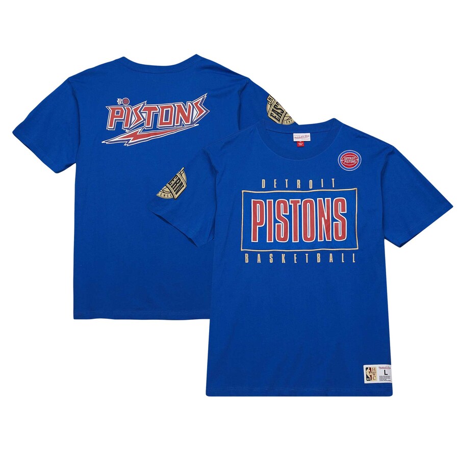 Men's Detroit Pistons Mitchell & Ness Blue Hardwood Classics Team OG 2.0 Premium Vintage Logo T-Shirt - Puhuasuan