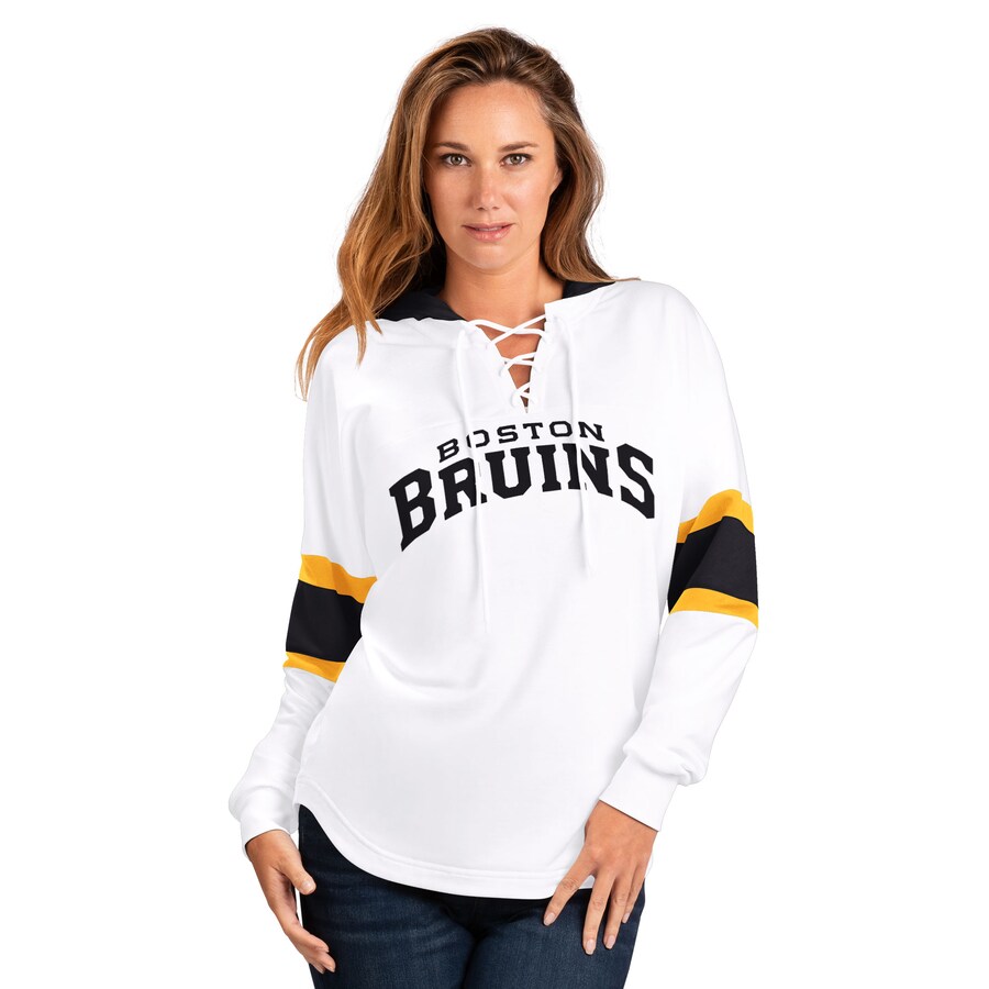 Women's Boston Bruins G-III 4Her by Carl Banks White Goal Zone Long Sleeve Lace-Up Hoodie T-Shirt - Puhuasuan