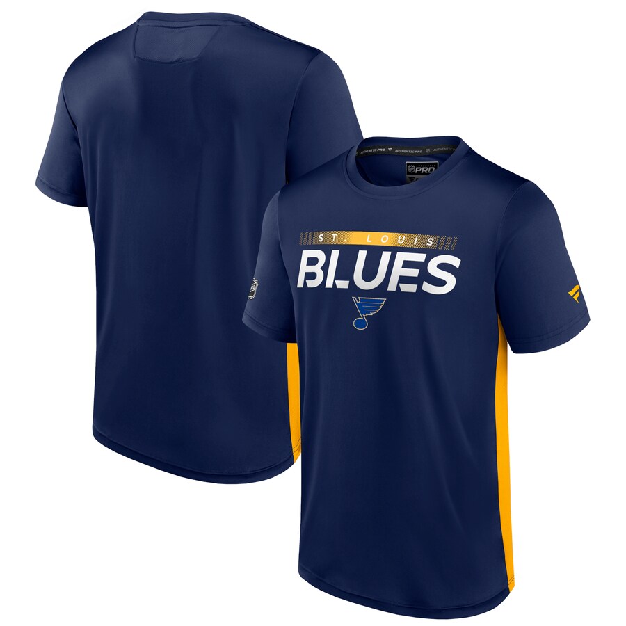 Men's St. Louis Blues Fanatics Navy/Gold Authentic Pro Rink Tech T-Shirt - Puhuasuan