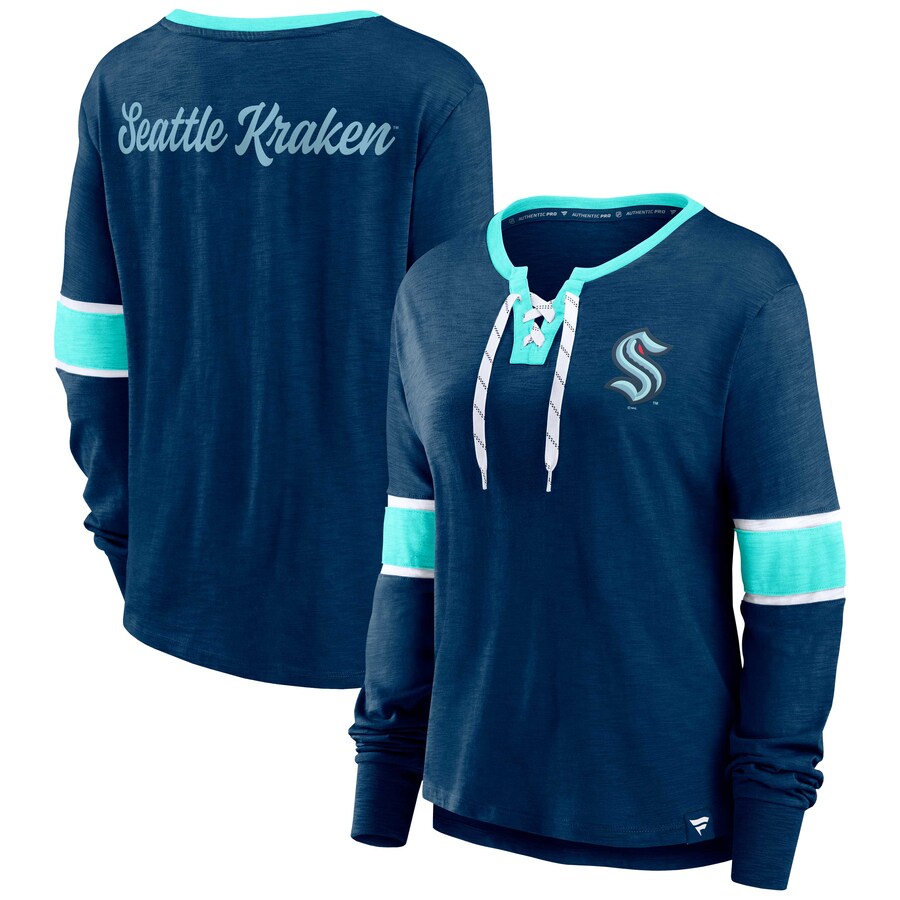 Women's Seattle Kraken Fanatics Deep Sea Blue Effervescent Exclusive Lace-Up Long Sleeve T-Shirt - Puhuasuan