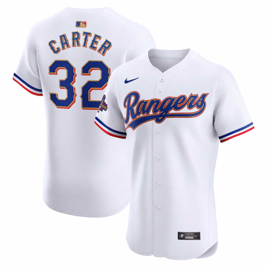 Men's Texas Rangers Evan Carter Nike White 2024 Gold Collection Elite Player Jersey - Puhuasuan