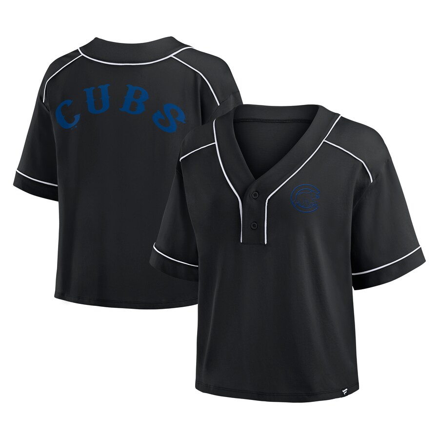 Women's Chicago Cubs Fanatics Black Oversized Champ Game Cropped V-Neck T-Shirt - Puhuasuan