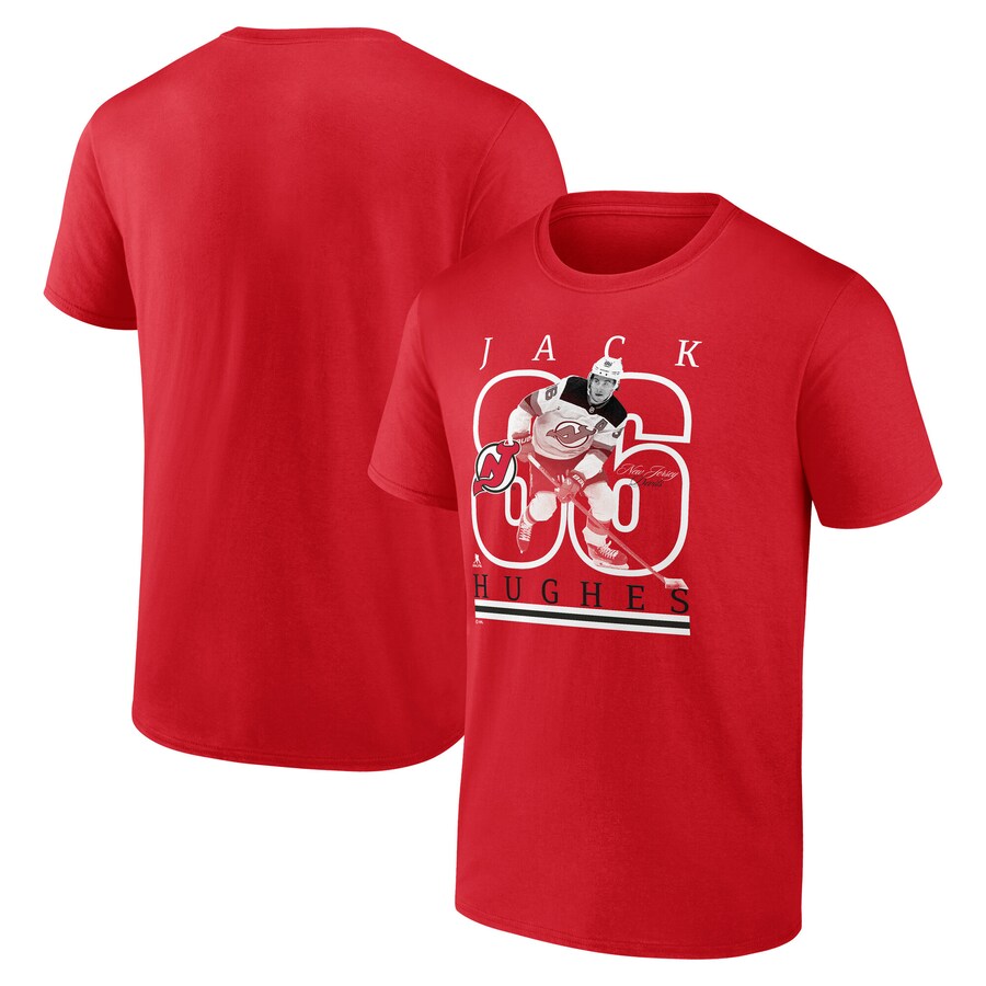 Men's New Jersey Devils Jack Hughes Fanatics Red Authentic Stack Name & Number T-Shirt - Puhuasuan