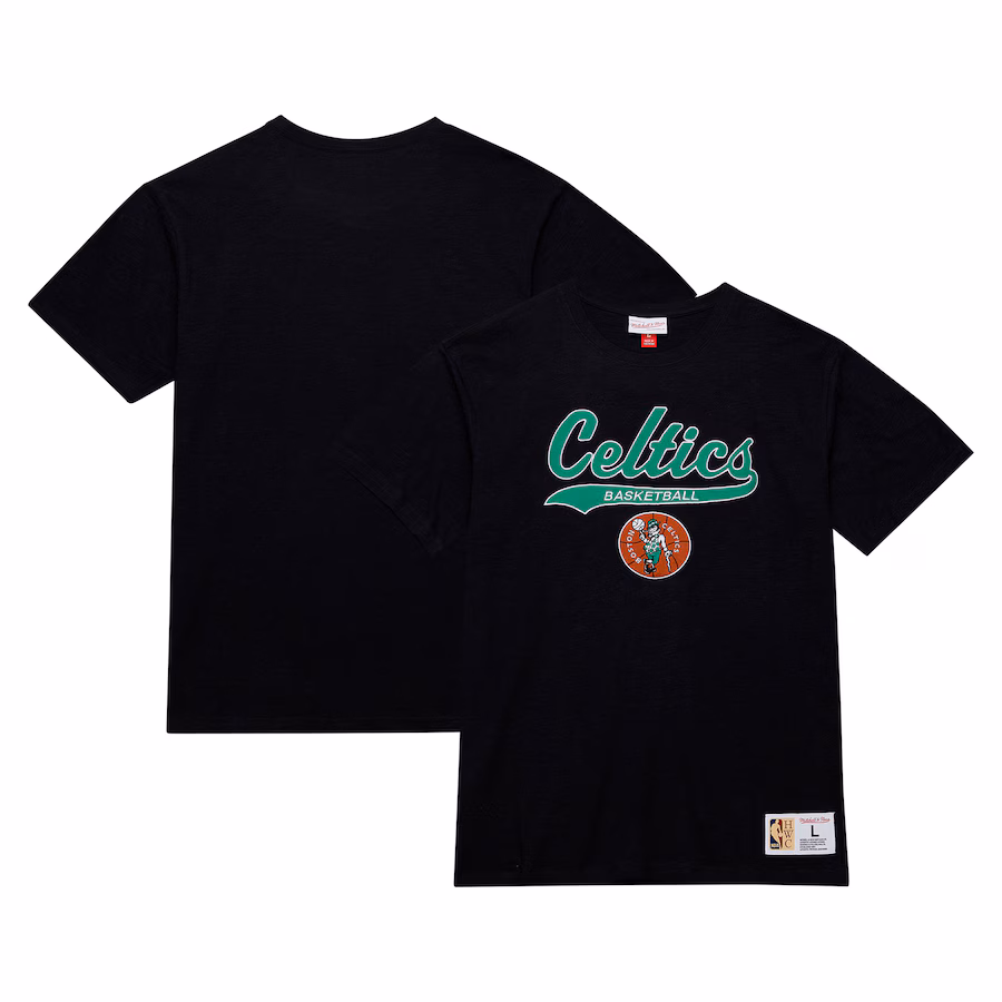 Men's Boston Celtics Mitchell & Ness Black Hardwood Classics Felt Applique Slub T-Shirt - Puhuasuan