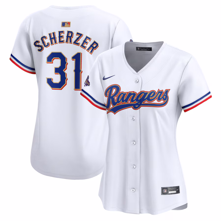 Women's Texas Rangers Max Scherzer Nike White 2024 Gold Collection Limited Player Jersey - Puhuasuan