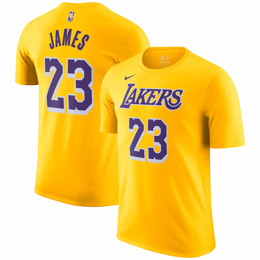 Men's Los Angeles Lakers LeBron James Nike Gold Icon 2022/23 Name & Number T-Shirt - Puhuasuan