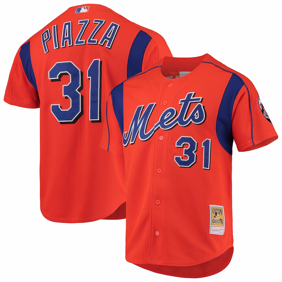 Men's New York Mets Mike Piazza Mitchell & Ness Orange Cooperstown Collection Mesh Batting Practice Button-Up Jersey - Puhuasuan