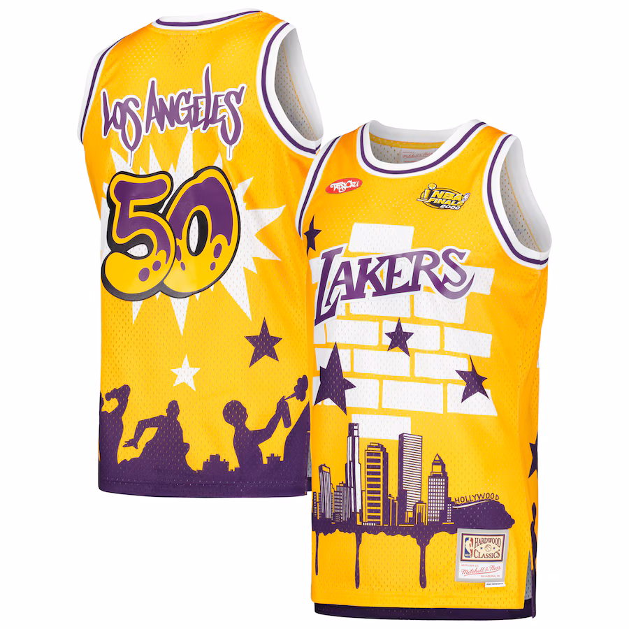 Men's Los Angeles Lakers Mitchell & Ness x Tats Cru Gold Hardwood Classics Fashion Jersey - Puhuasuan
