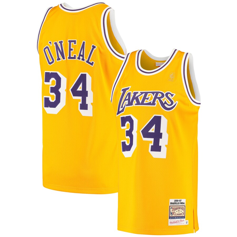 Men's Los Angeles Lakers Shaquille O'Neal Mitchell & Ness Gold 1996/97 Hardwood Classics Authentic Jersey - Puhuasuan