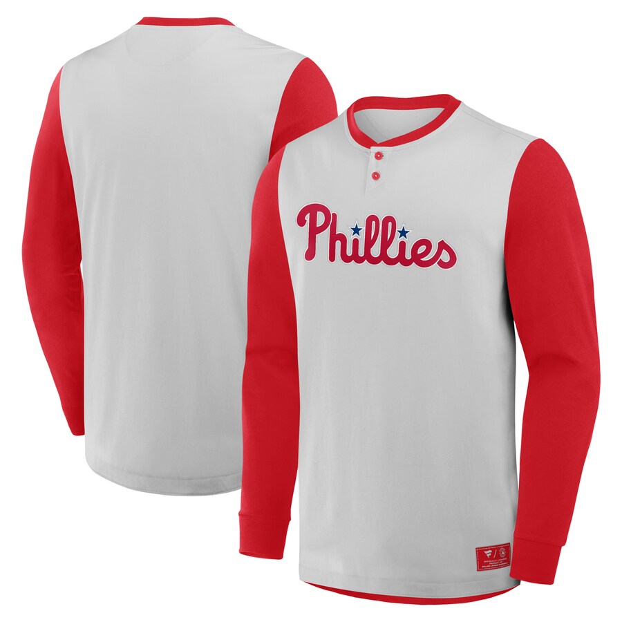 Men's Philadelphia Phillies Fanatics Gray/Red Clubhouse Long Sleeve Henley Shirt - Puhuasuan