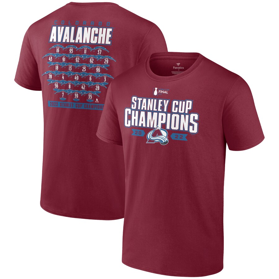 Men's Colorado Avalanche Fanatics Burgundy 2022 Stanley Cup Champions Jersey Roster T-Shirt - Puhuasuan