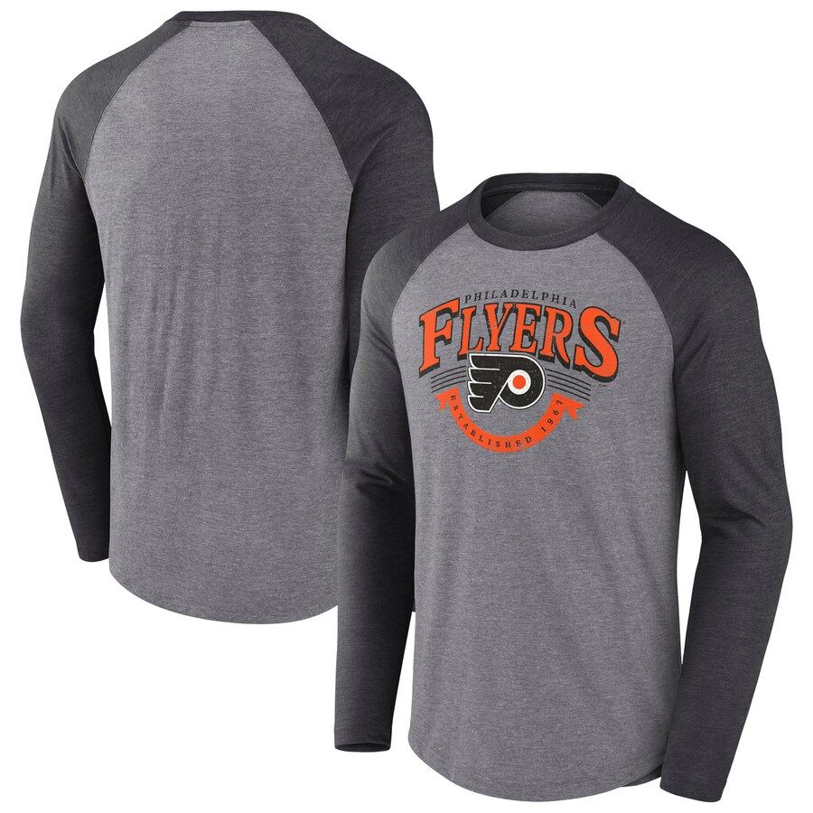 Men's Philadelphia Flyers Fanatics Heather Gray/Heather Charcoal Goal Crease Raglan Tri-Blend Long Sleeve T-Shirt - Puhuasuan