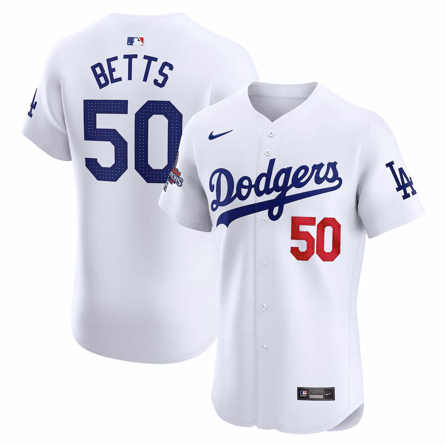 Men's Los Angeles Dodgers Mookie Betts Nike White 2024 World Series Champions Home Elite Player Jersey - Puhuasuan