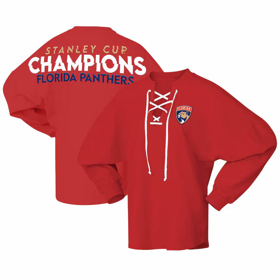Women's Florida Panthers Fanatics Red 2024 Stanley Cup Champions Lace-Up Spirit Long Sleeve Top - Puhuasuan