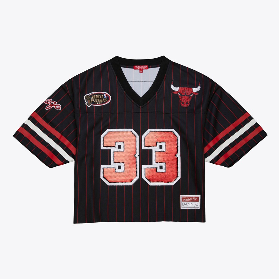 Women's Chicago Bulls Scottie Pippen Mitchell & Ness x DANNIJO Black Cropped Football Fashion Jersey - Puhuasuan