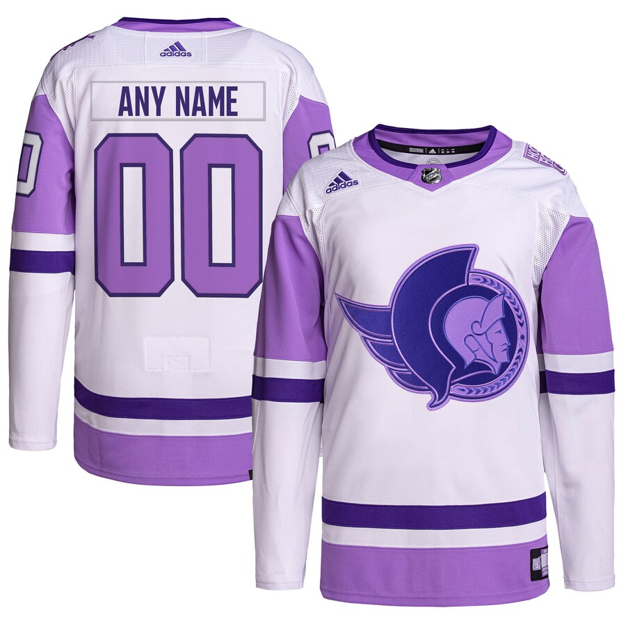 Men's Ottawa Senators adidas White/Purple Hockey Fights Cancer Primegreen Authentic Custom Jersey - Puhuasuan