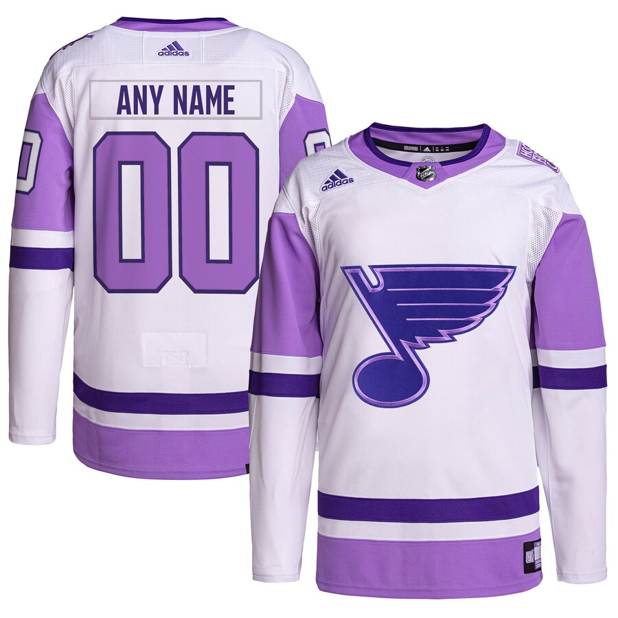 Men's St. Louis Blues adidas White/Purple Hockey Fights Cancer Primegreen Authentic Custom Jersey - Puhuasuan