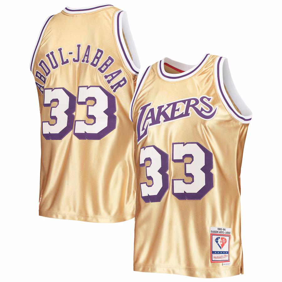 Men's Los Angeles Lakers Kareem Abdul-Jabbar Gold Mitchell & Ness 75th Anniversary 1983/84 Hardwood Classics Swingman Jersey - Puhuasuan