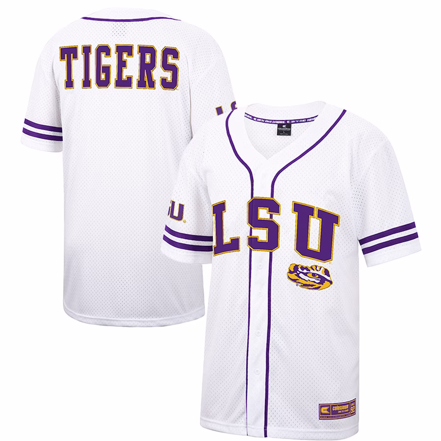 LSU Tigers Colosseum Free Spirited Mesh Button-Up Baseball Jersey - White - Puhuasuan