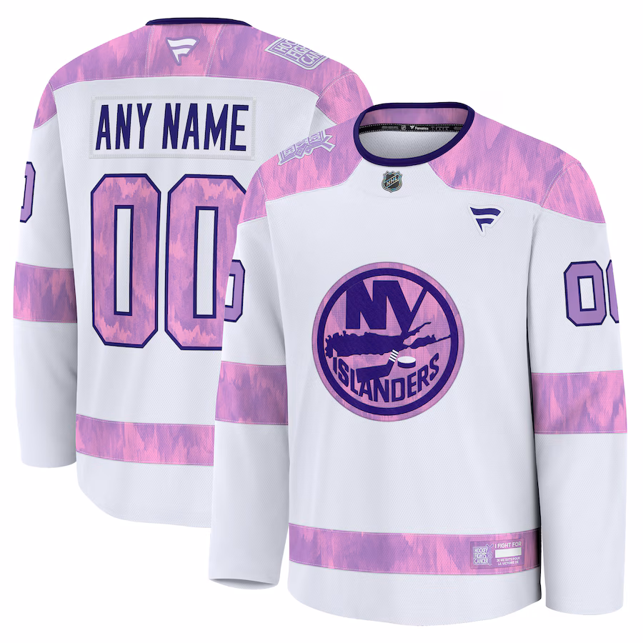Men's New York Islanders Fanatics White 2024 Hockey Fights Cancer Custom Practice Jersey - Puhuasuan