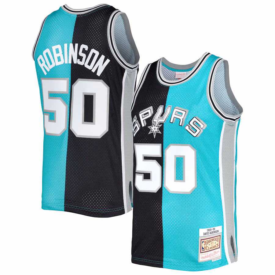 Men's San Antonio Spurs David Robinson Mitchell & Ness Black/Teal Hardwood Classics 1998/99 Split Swingman Jersey - Puhuasuan
