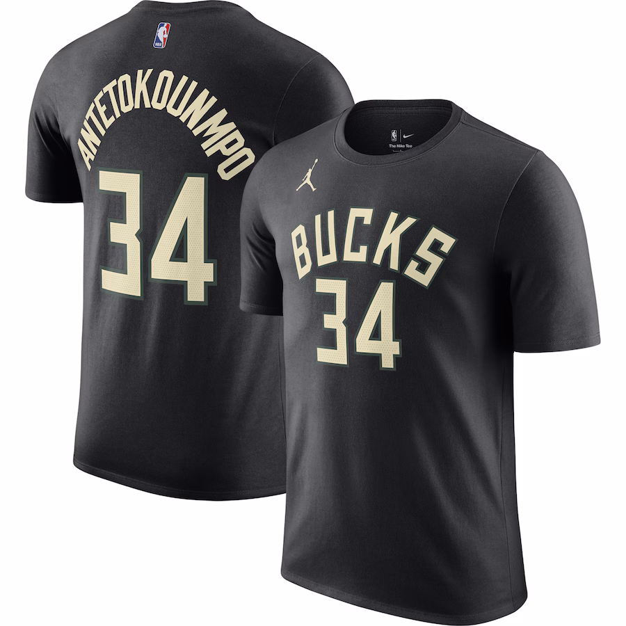 Men's Milwaukee Bucks Giannis Antetokounmpo Jordan Brand Black 2022/23 Statement Edition Name & Number T-Shirt - Puhuasuan