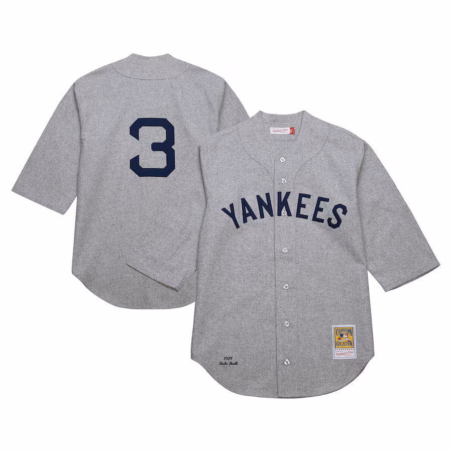 Men's New York Yankees Babe Ruth Mitchell & Ness Gray Cooperstown Collection 1929 Authentic Jersey - Puhuasuan