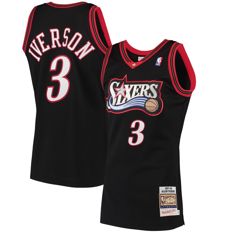 Men's Philadelphia 76ers Allen Iverson Mitchell & Ness Black 1997/98 Hardwood Classics Authentic Jersey - Puhuasuan