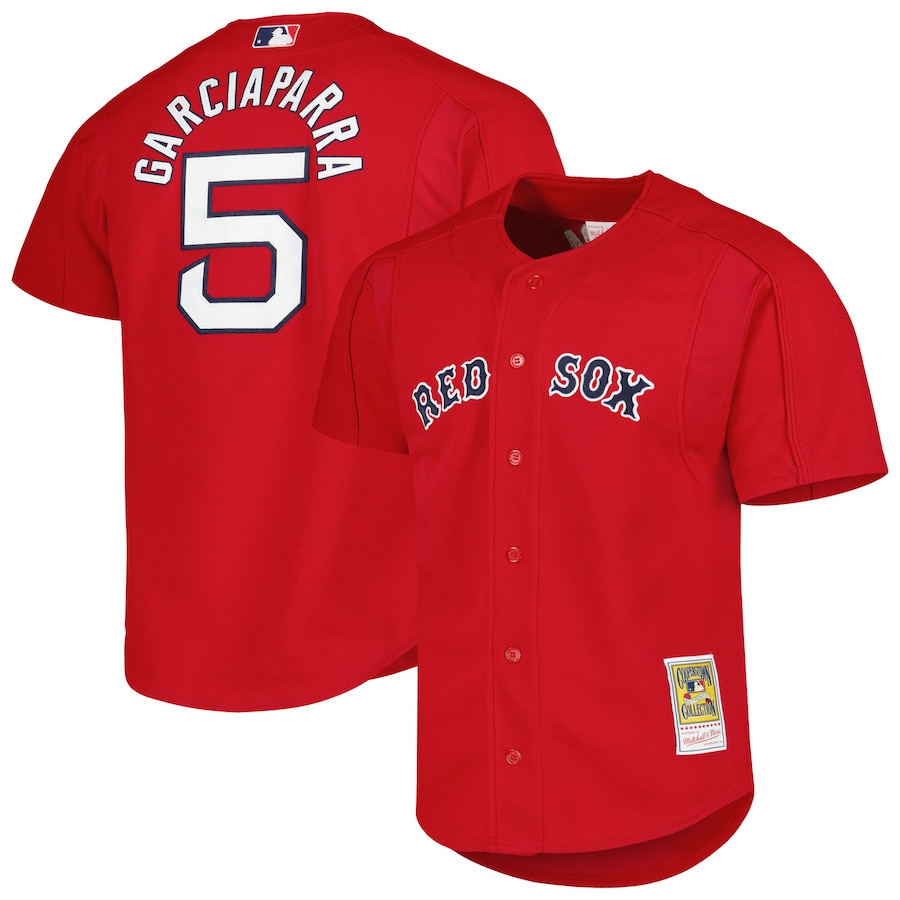 Men's Boston Red Sox Nomar Garciaparra Mitchell & Ness Red Cooperstown Collection Mesh Batting Practice Button-Up Jersey - Puhuasuan