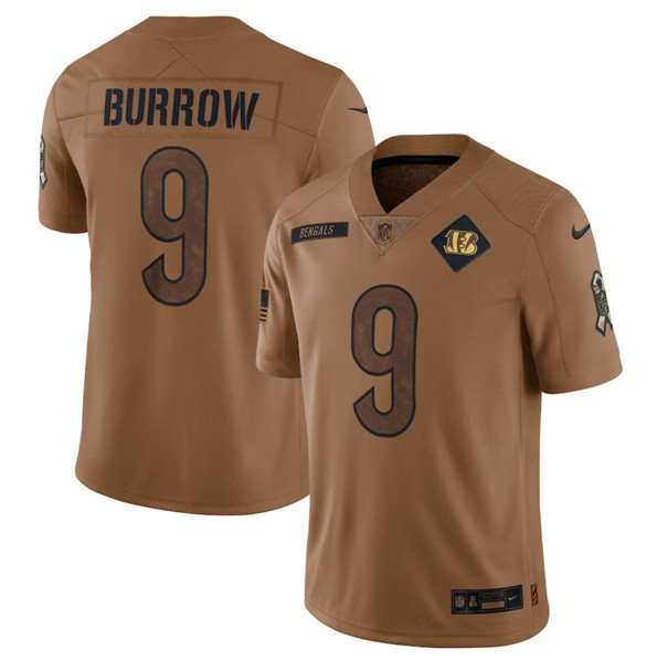 Men's Cincinnati Bengals #9 Joe Burrow 2023 Brown Salute To Service Limited Football Stitched Jersey - Puhuasuan
