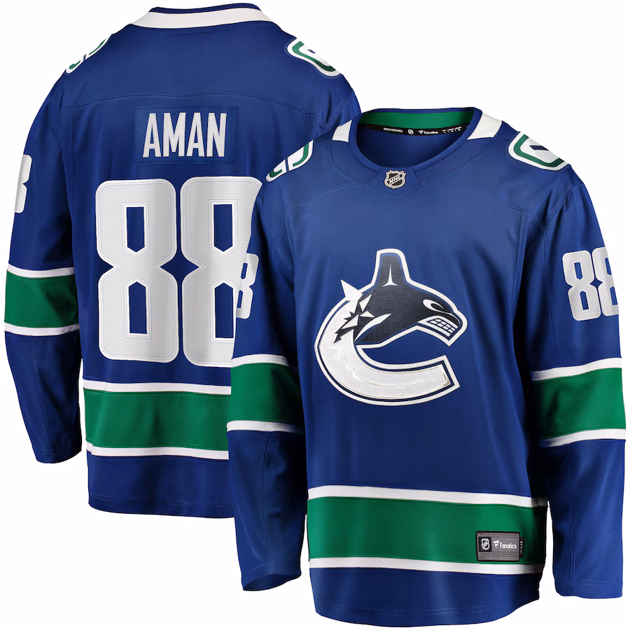 Men's Vancouver Canucks Nils Aman Fanatics Blue Home Premier Breakaway Player Jersey - Puhuasuan