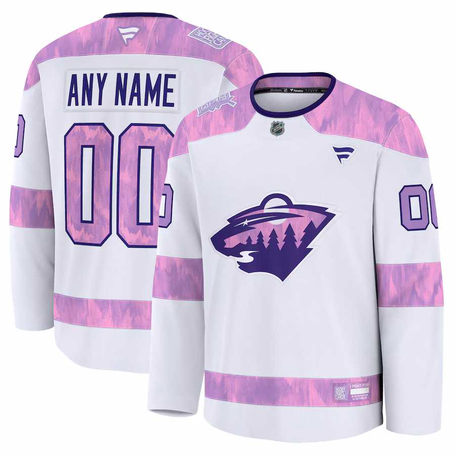 Men's Minnesota Wild Fanatics White 2024 Hockey Fights Cancer Custom Practice Jersey - Puhuasuan