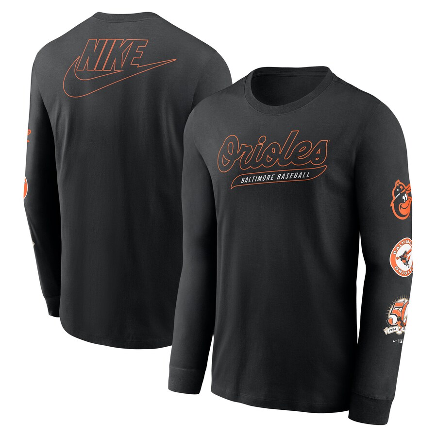 Men's Baltimore Orioles Nike Black Cooperstown Collection Knockout Long Sleeve T-Shirt - Puhuasuan