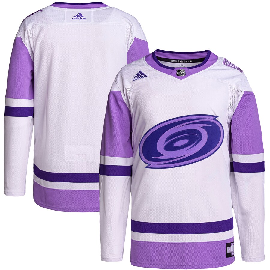 Men's Carolina Hurricanes adidas White/Purple Hockey Fights Cancer Primegreen Authentic Blank Practice Jersey - Puhuasuan