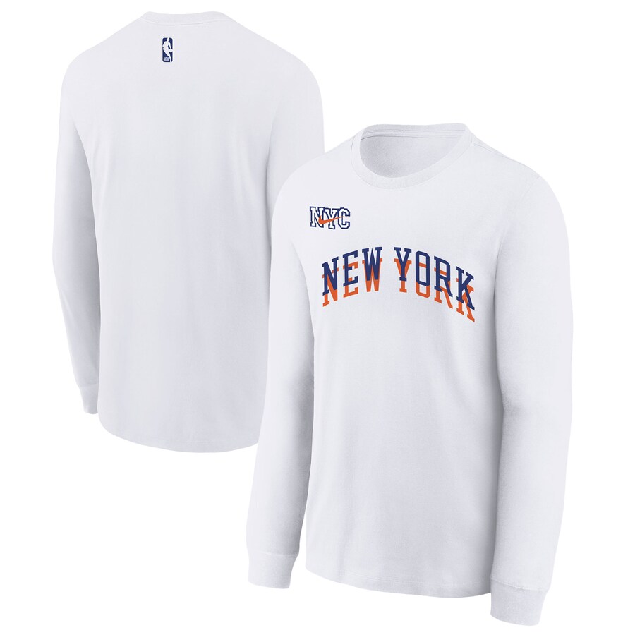 Youth New York Knicks  Nike White 2024/25 City Edition Wordmark Performance Long Sleeve T-Shirt - Puhuasuan