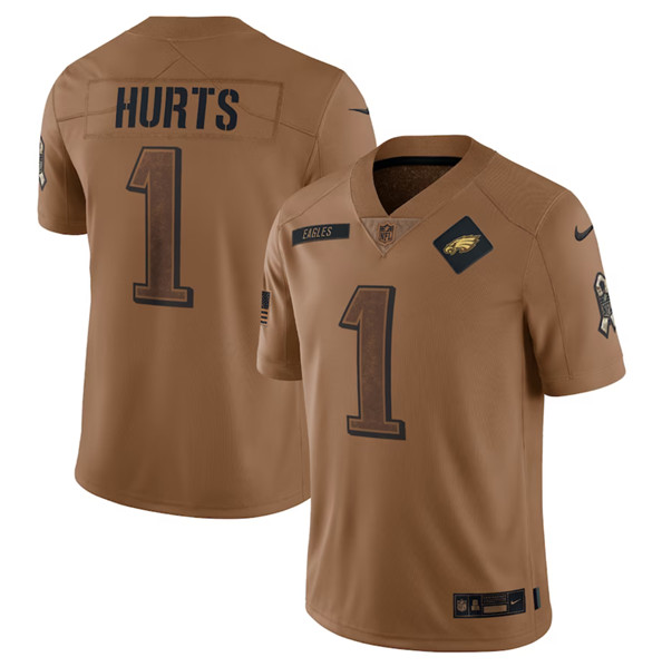 Men's Philadelphia Eagles #1 Jalen Hurts 2023 Brown Salute To Service Limited Football Stitched Jersey - Puhuasuan