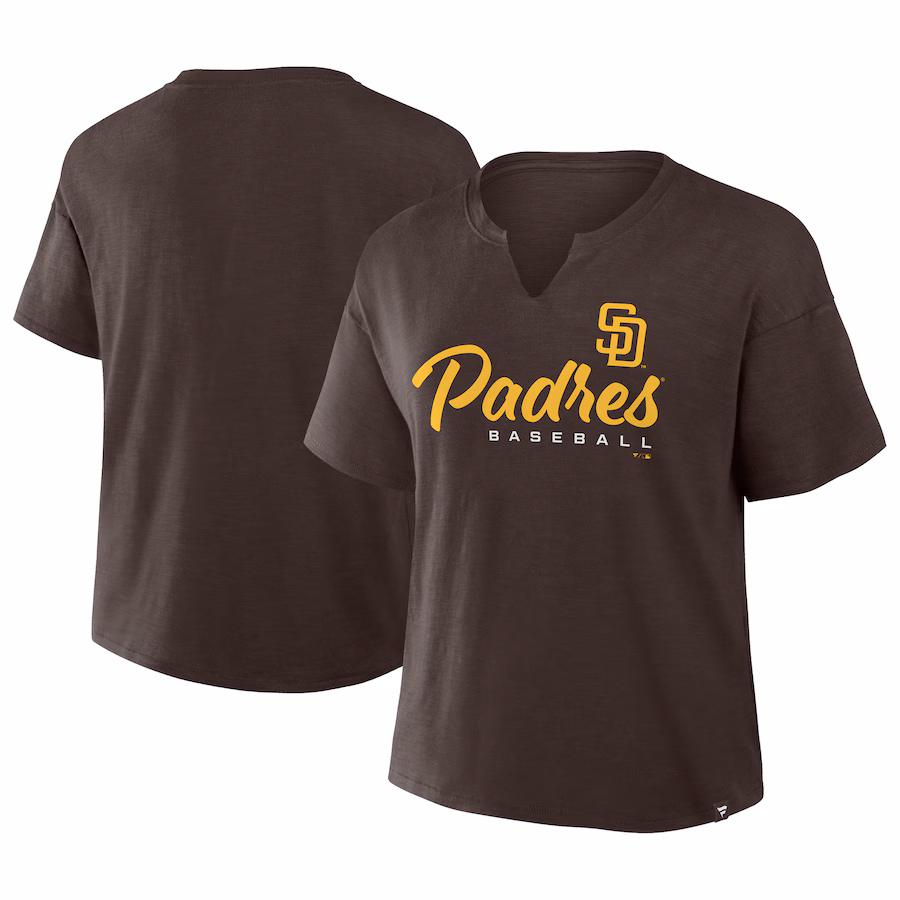 Women's San Diego Padres Profile Brown Plus Size Wordmark Notch Neck T-Shirt - Puhuasuan