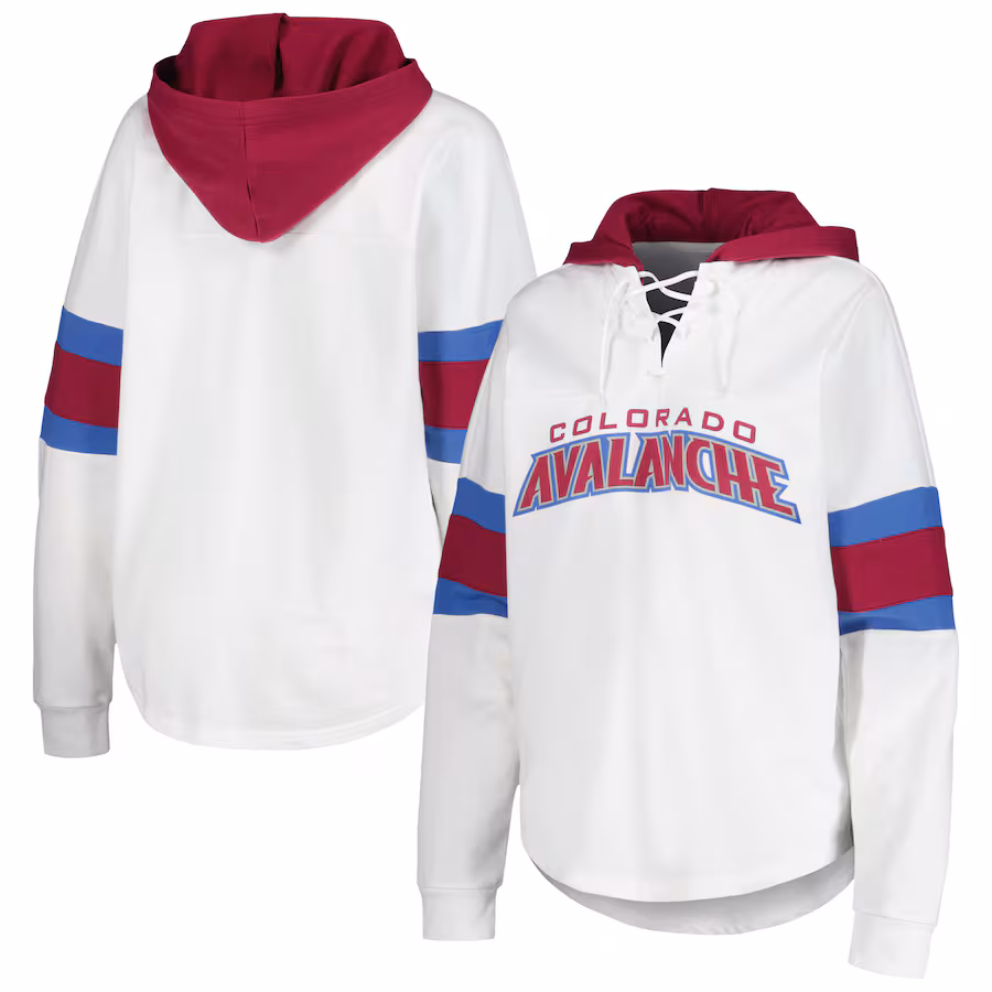 Women's Colorado Avalanche G-III 4Her by Carl Banks White/Burgundy Goal Zone Long Sleeve Lace-Up Hoodie T-Shirt - Puhuasuan