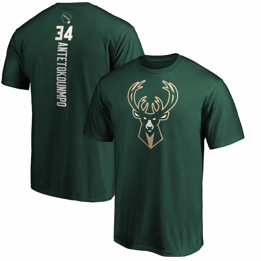Men's Milwaukee Bucks Giannis Antetokounmpo Hunter Green Team Playmaker Name & Number T-Shirt - Puhuasuan