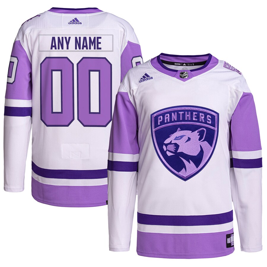 Men's Florida Panthers adidas White/Purple Hockey Fights Cancer Primegreen Authentic Custom Jersey - Puhuasuan