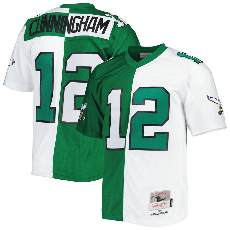 Men's Philadelphia Eagles Randall Cunningham Mitchell & Ness Kelly Green/White 1990 Split Legacy Replica Jersey - Puhuasuan