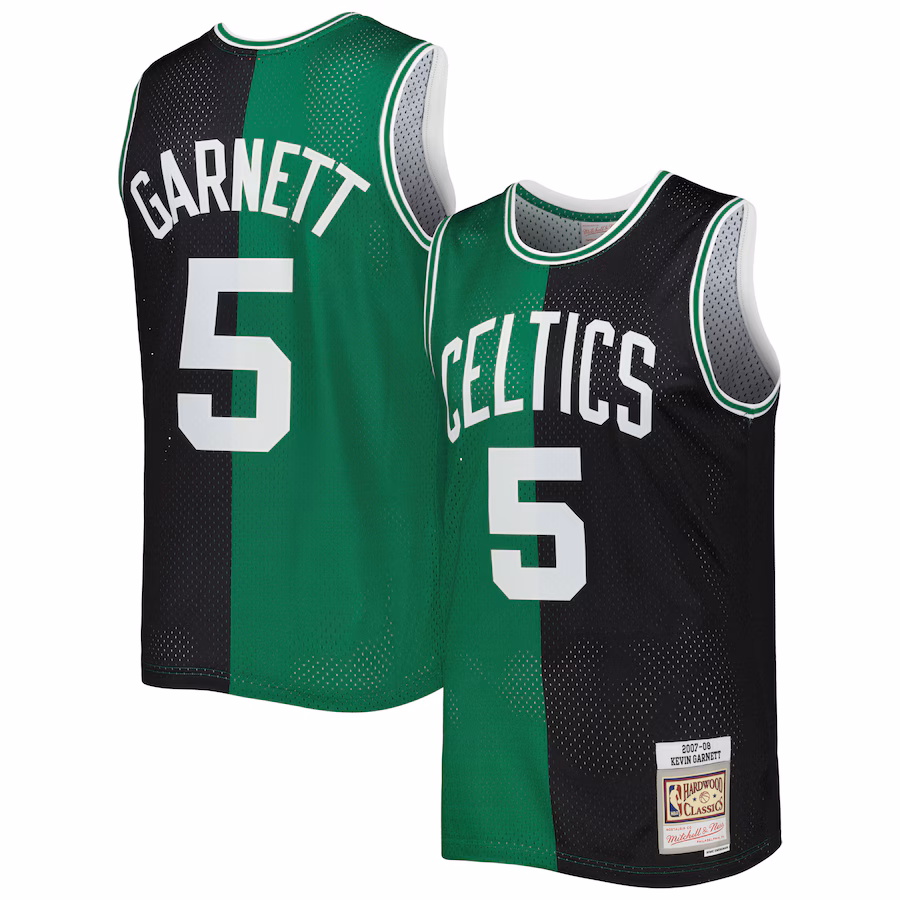 Men's Boston Celtics Kevin Garnett Mitchell & Ness Black/Kelly Green Hardwood Classics 2007/08 Split Swingman Jersey - Puhuasuan