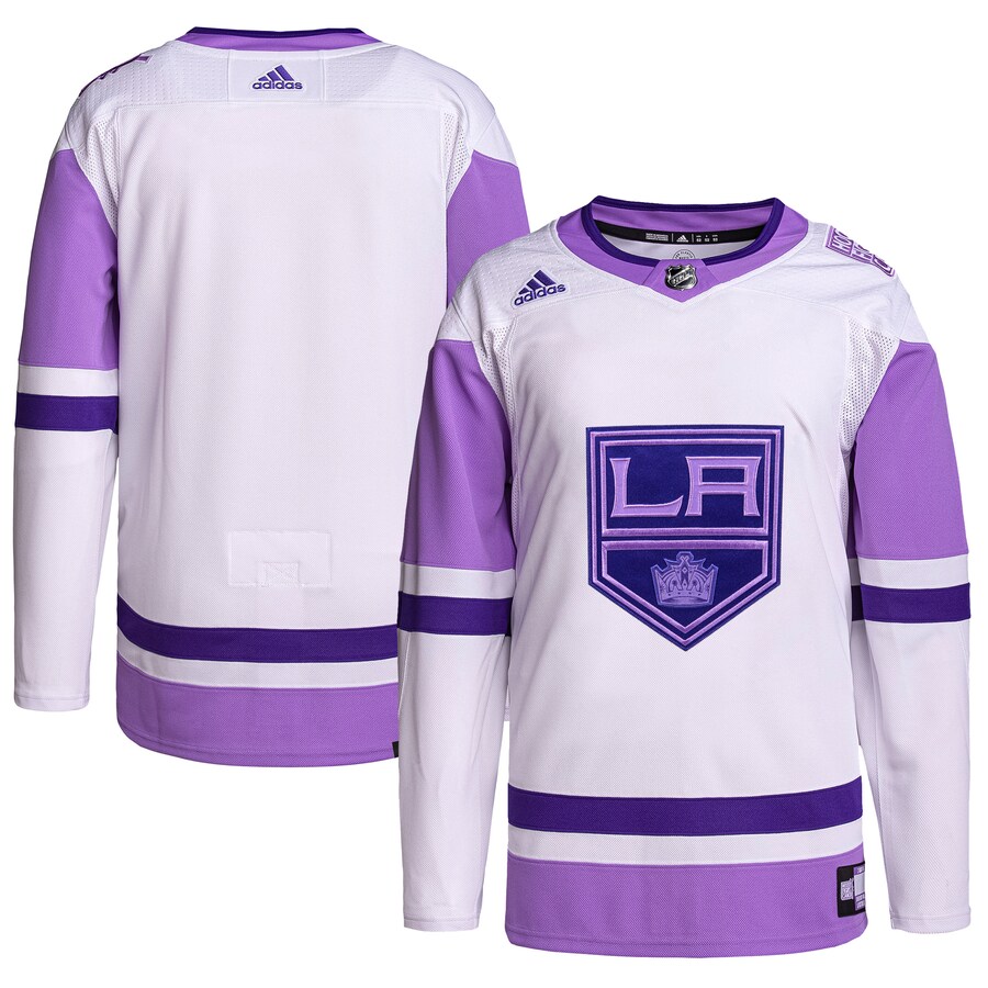 Men's Los Angeles Kings adidas White/Purple Hockey Fights Cancer Primegreen Authentic Blank Practice Jersey - Puhuasuan