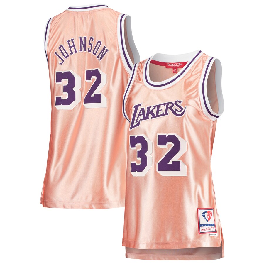 Women's Los Angeles Lakers Magic Johnson Mitchell & Ness Pink 75th Anniversary Rose Gold 1984 Swingman Jersey - Puhuasuan