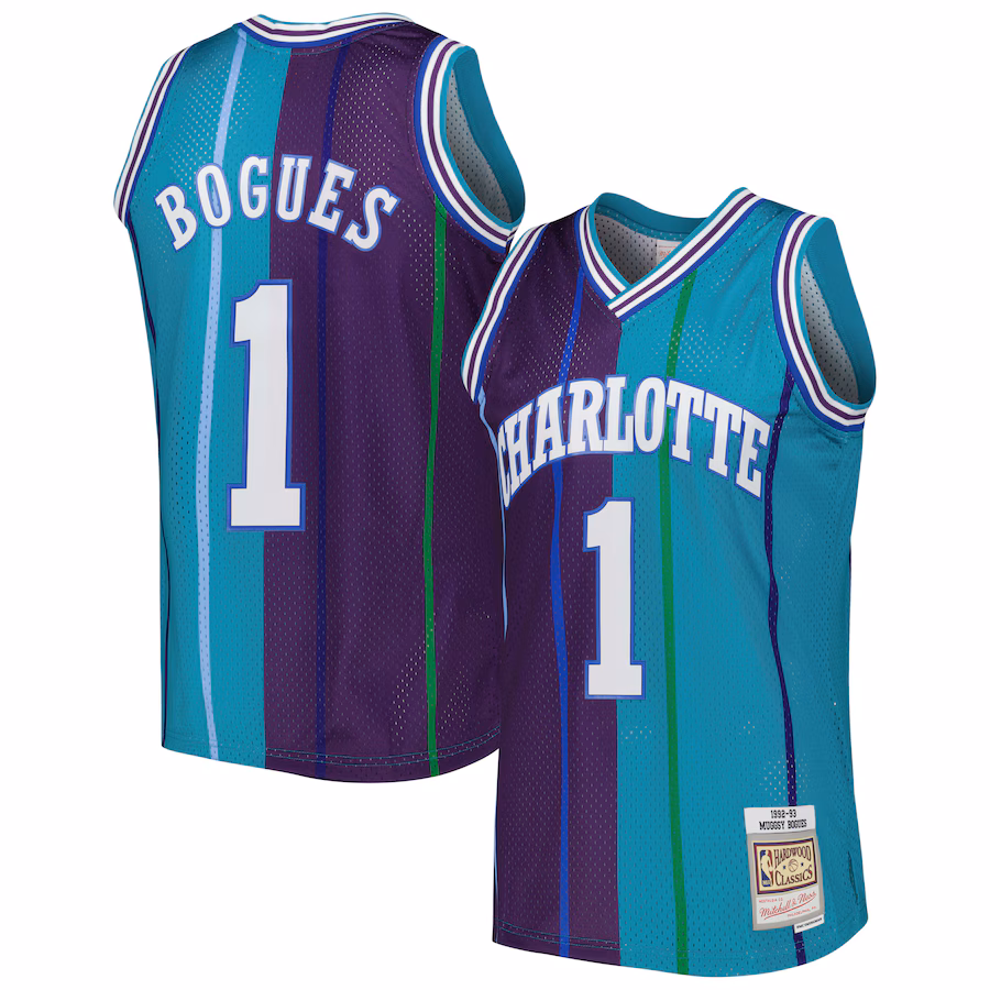 Men's Charlotte Hornets Muggsy Bogues Mitchell & Ness Teal/Purple Hardwood Classics 1992/93 Split Swingman Jersey - Puhuasuan